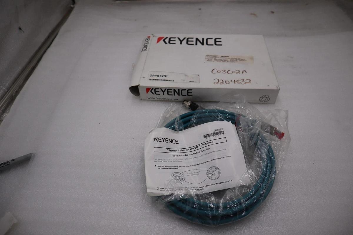Used New Keyence OP-87231 ETHERNET CABLE NFPA79 COMPATIBLE M12 MALE 4 PIN STK H649A