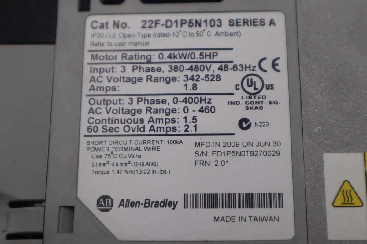 Used Allen-Bradley 22F-D1P5N103 Power Flex 4M 0.4 kW 0.5 HP AC Drive STOCK B-1382