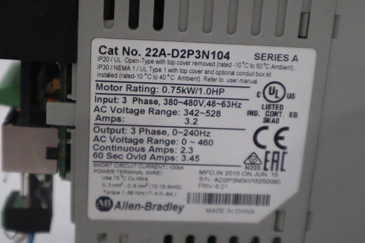 Used Allen Bradley 22A-D2P3N104/A PowerFlex 4 AC Drive 480V 3Ph 1HP 2.3A STOCK H89A