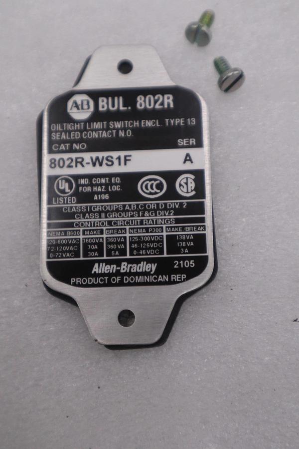 NEW OPEN BOX AB ALLEN-BRADLEY 802R-WS1F LIMIT SWITCH STK L-204CC