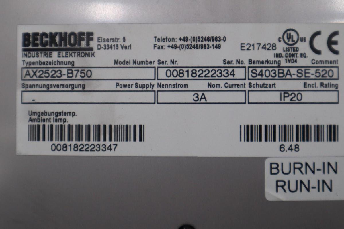 Used Beckhoff AX2523-B750 Servo Drive STOCK 3433-D
