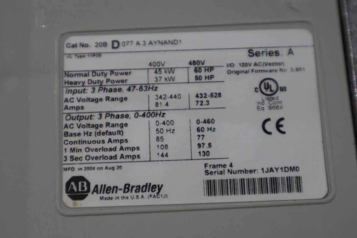 Used 60 HP ALLEN BADLEY 20BD077A3AYNAND1 POWERFLEX 700 DRIVE STOCK 3366-A