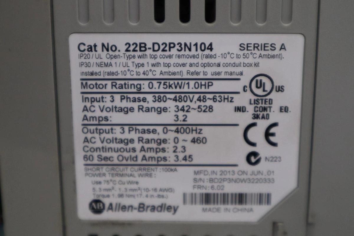 Used Allen Bradley 22B-D2P3N104 /A PowerFlex 40 480V 3-Phase 1HP AC Drive #H1240
