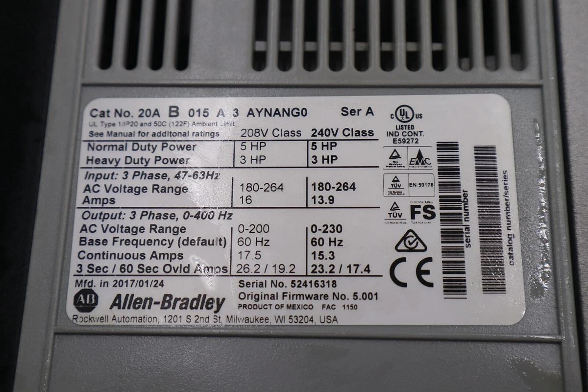 Used Allen-Bradley PowerFlex 70 20AB015A3AYNANG0 MFG. 2017 AC Drive STOCK 2439
