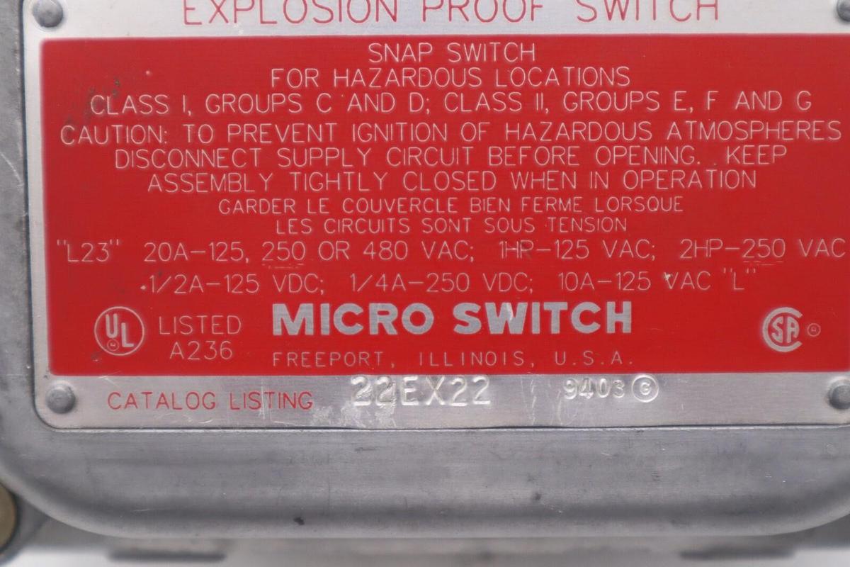 Used Micro Switch 22EX22 Explosion Proof Snap Switch Side Plunger STOCK K-3641