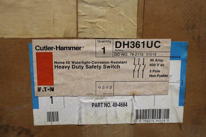 CUTLER HAMMER DH361UC HEAY DUTY SAFETY SWITCH 600V 3 POLE NON FUSIBLE #S-184