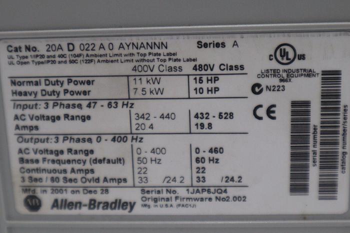 Allen-Bradley 20AD022A0AYNANNN PowerFlex 70 AC Drive 480V 22A 15HP STOCK 1669