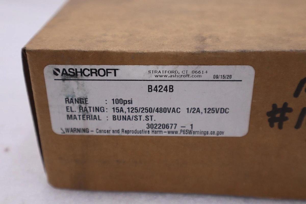 Used ASHCROFT B424B PRESSURE SWITCH 15 Amp 480 VAC 125 VDC 200 PSI - STOCK GF283A