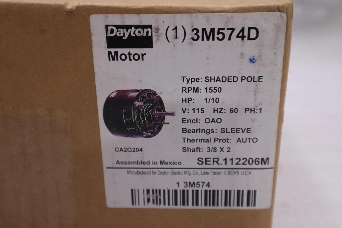 Used Dayton 3M574D HVAC Steel Shell Motor 1/10 HP 1550 RPM 115v 60Hz NEW #GF-1421