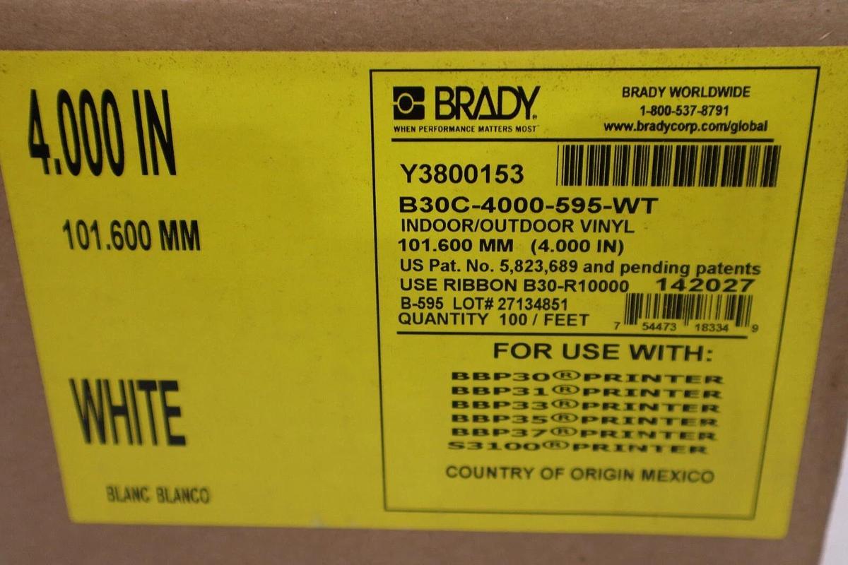 Used NEW BRADY B30C-4000-595-WT Tape White 100 ft. L 4 In. W 6UMR2 STOCK H388 754473183349