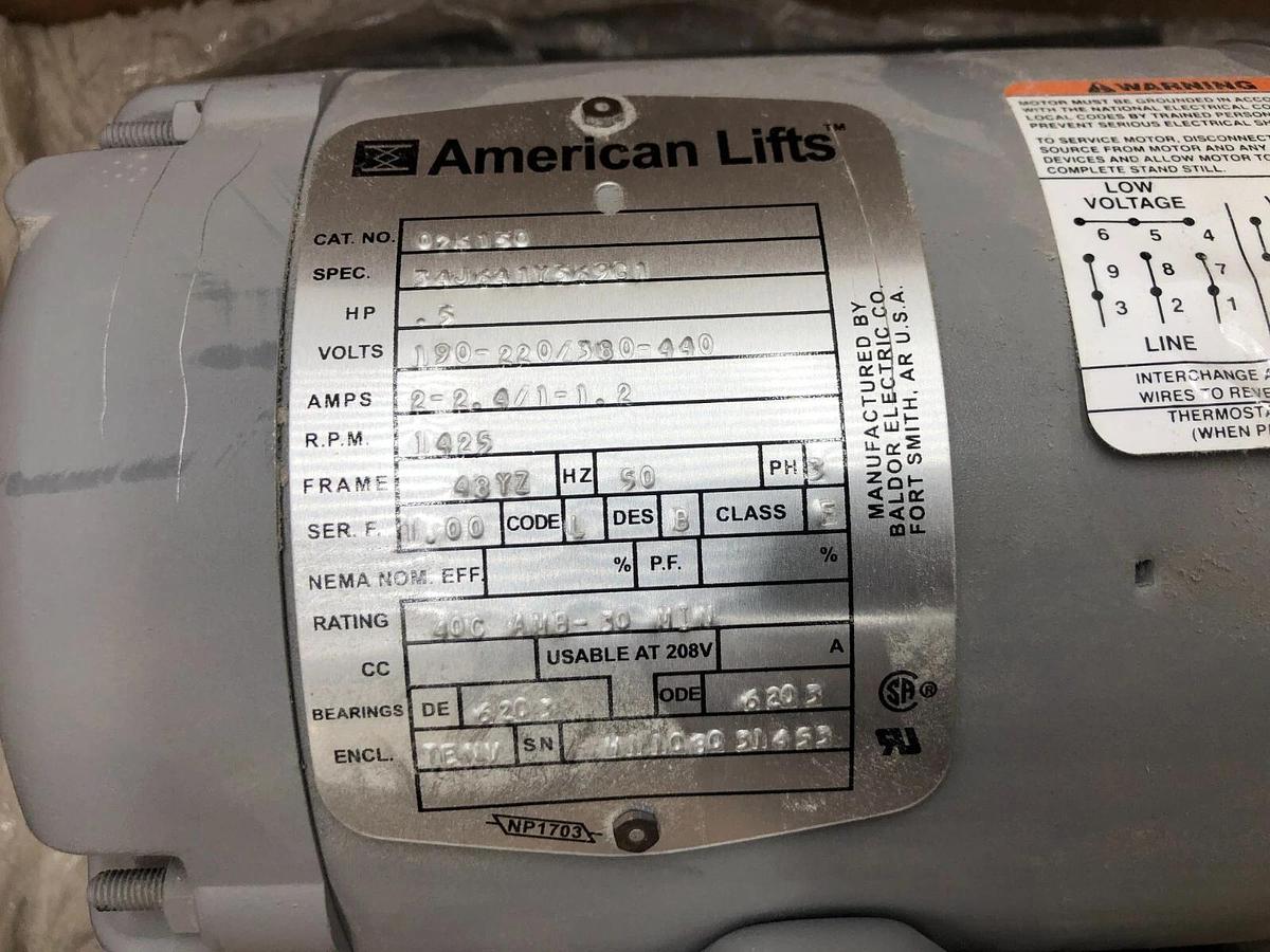 AMERICAN LIFTS MOTOR 34J641Y569G1 3 PHASE 1/2 HP ELECTRIC MOTOR MFG BALDOR S-148