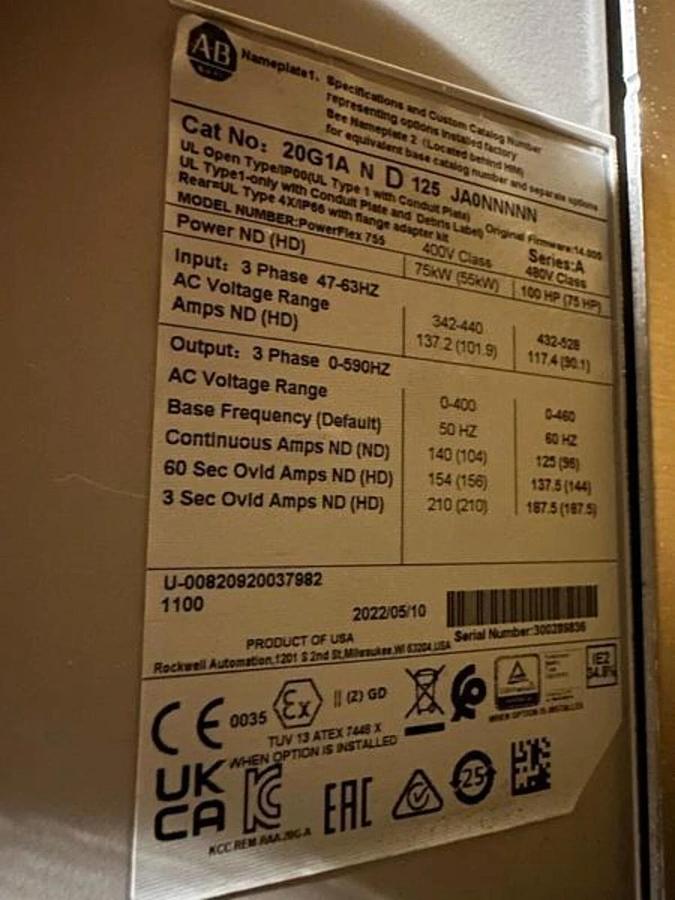 ALLEN BRADLEY 20G1AND125JA0NNNNN PowerFlex 755 AC Drive 100 HP NEW STOCK S-602