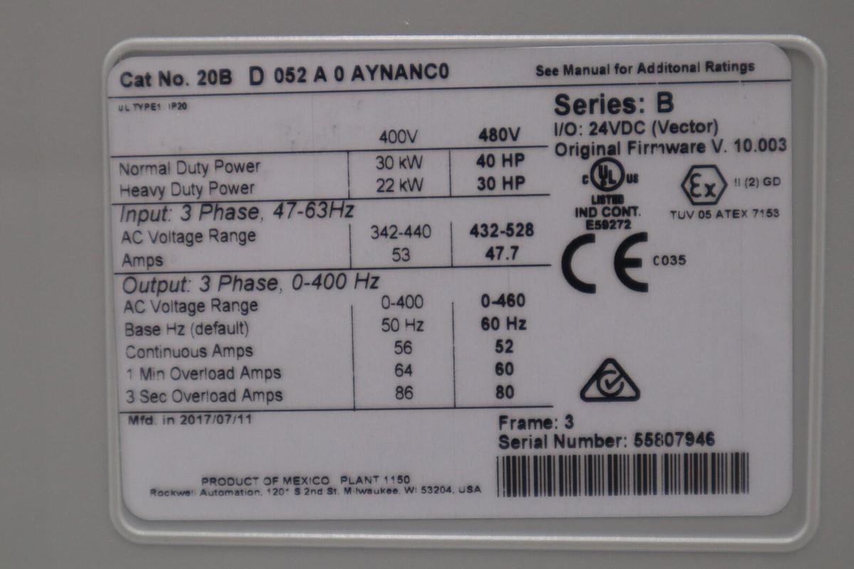 Used ALLEN BRADLEY 20BD052A0AYNANC0 40 HP MANUFACTURED 2017 (NEW NO BOX) STOCK 2036-A