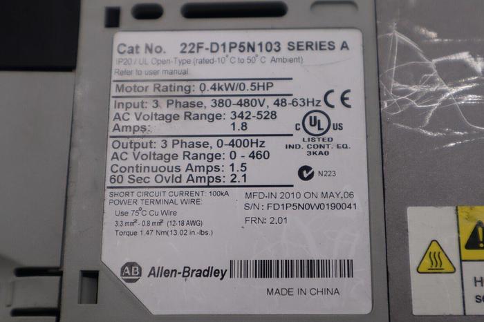 Used Allen-Bradley 22F-D1P5N103 Power Flex 4M 0.4 kW 0.5 HP AC Drive STOCK B-1371