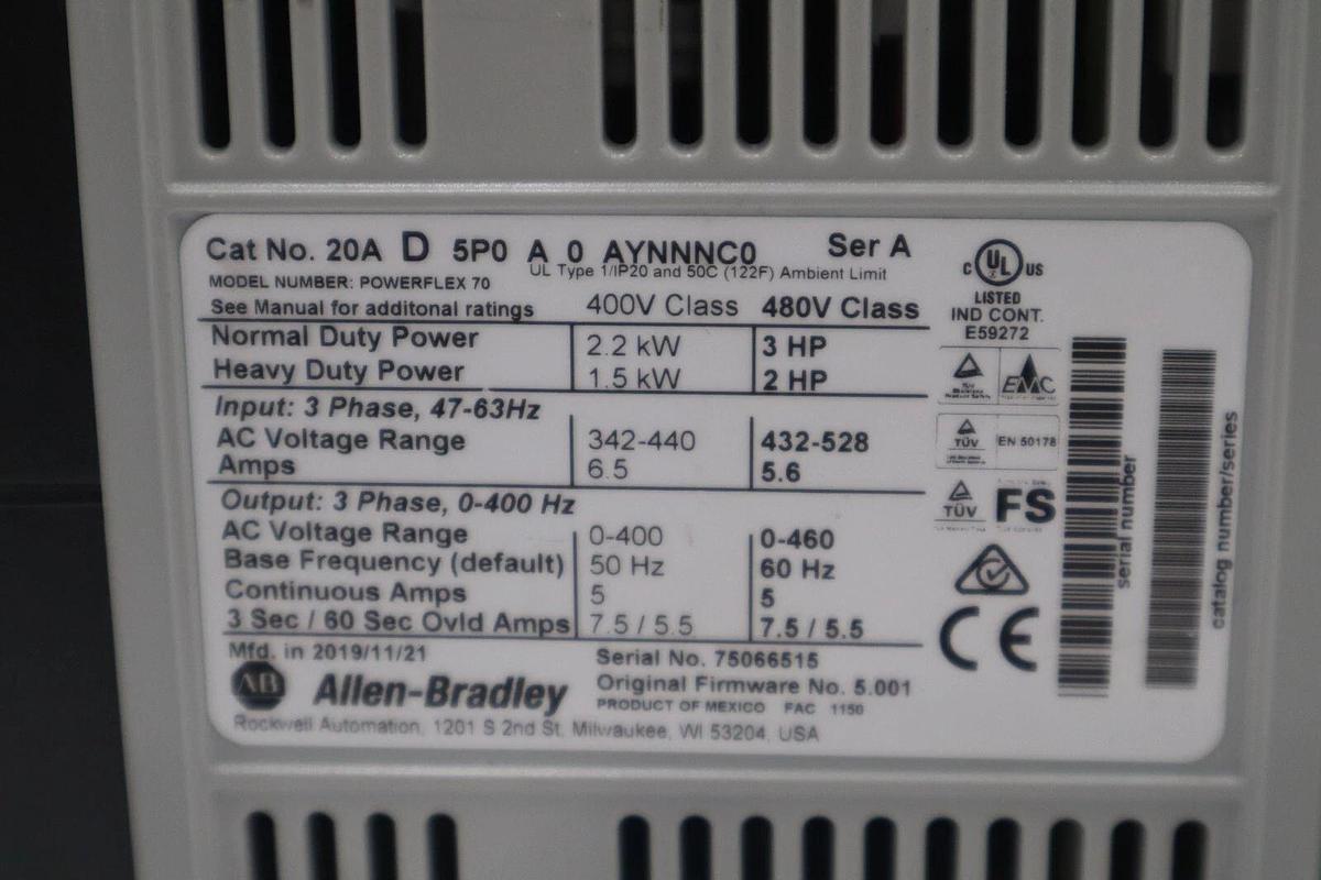 Used NEW Allen Bradley 20AD5P0A0AYNNNC0 SER A 3HP Powerflex AC Drive STOCK G507