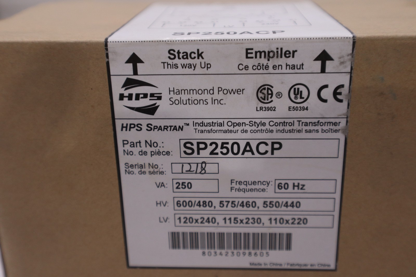 Hammond Power Systems SP250ACP Control Transformer - NEW IN BOX - STOCK GF1050