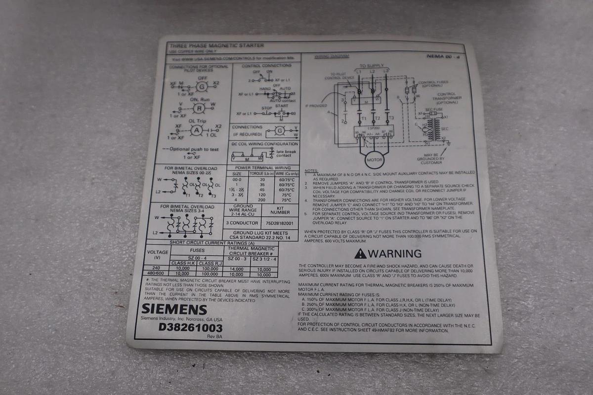 Used Siemens 14CUB32AA Motor Starter Size0, 18A, Relay .75-3.4A, Open 3-Phase #1406CC