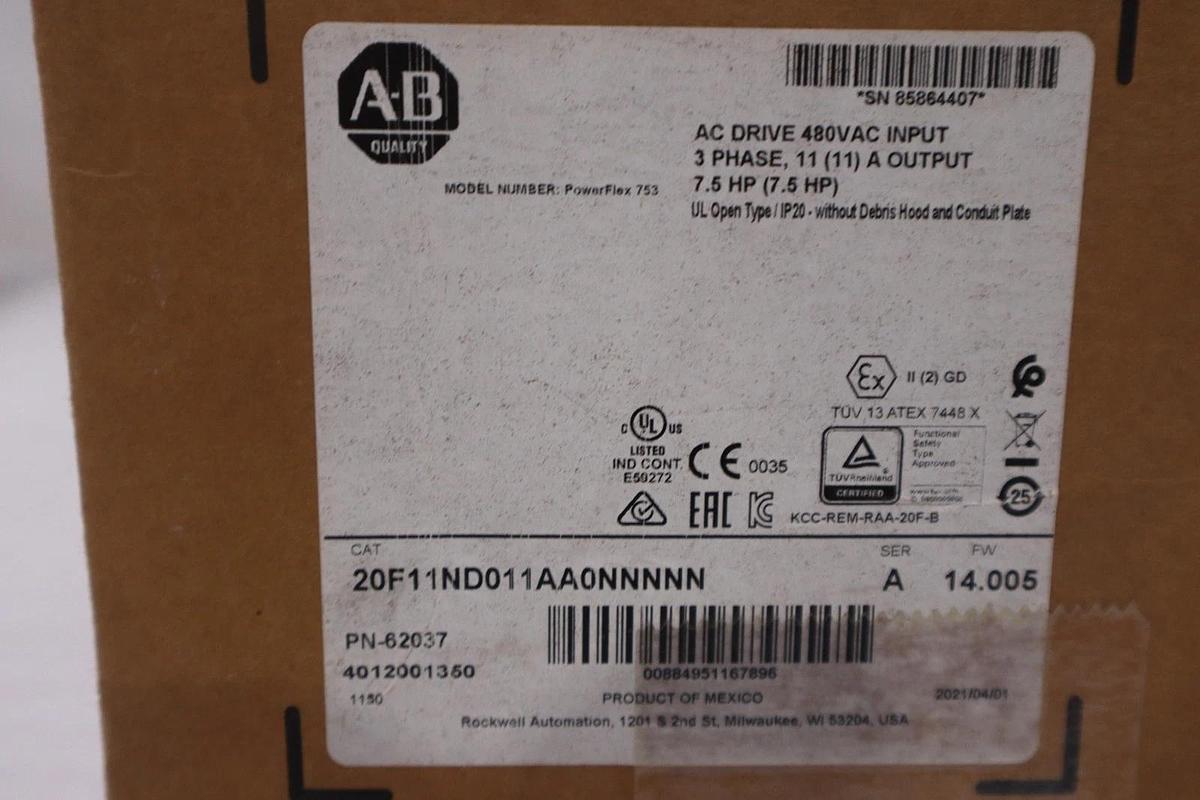 Used ALLEN BRADLEY POWERFLEX 753 20F11ND011AA0NNNNN SER-A 480V 7.5 HP DRIVE #GF803
