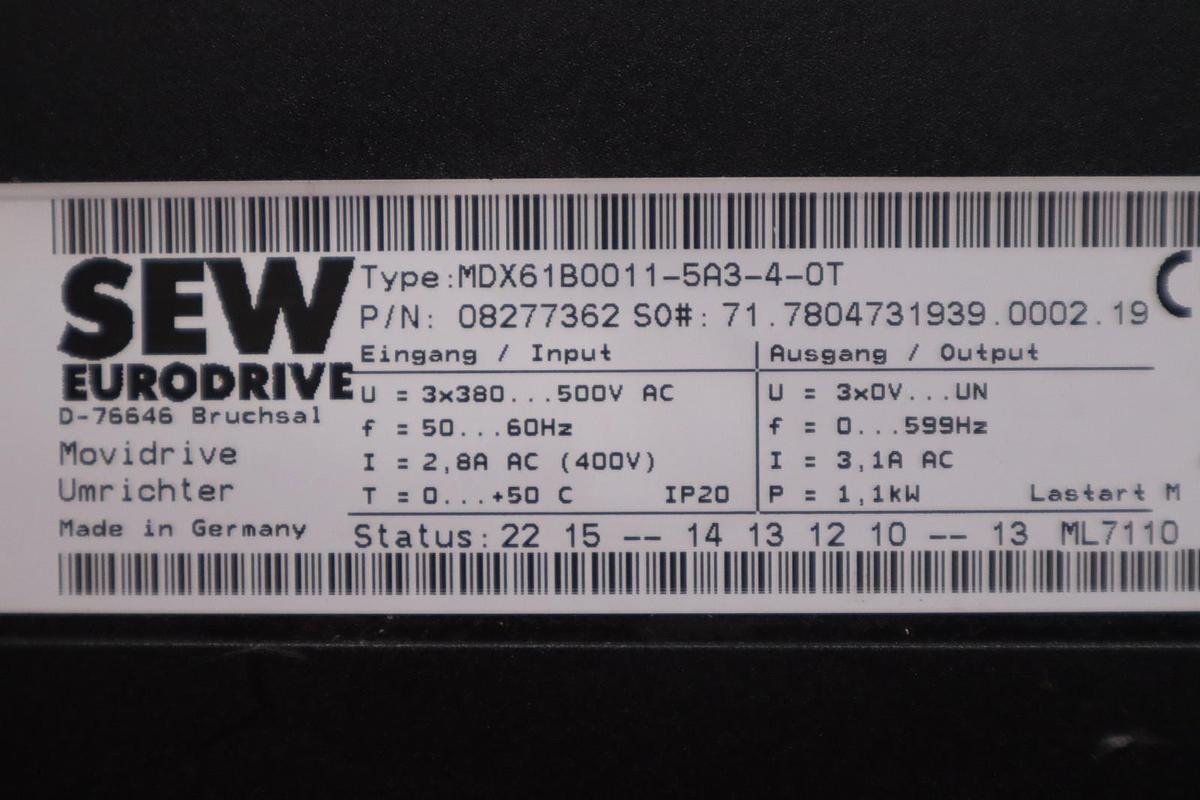 Used Sew-Eurodrive Movidrive B Series MDX61B0011-5A3-4-0T Variable Frequency Drive