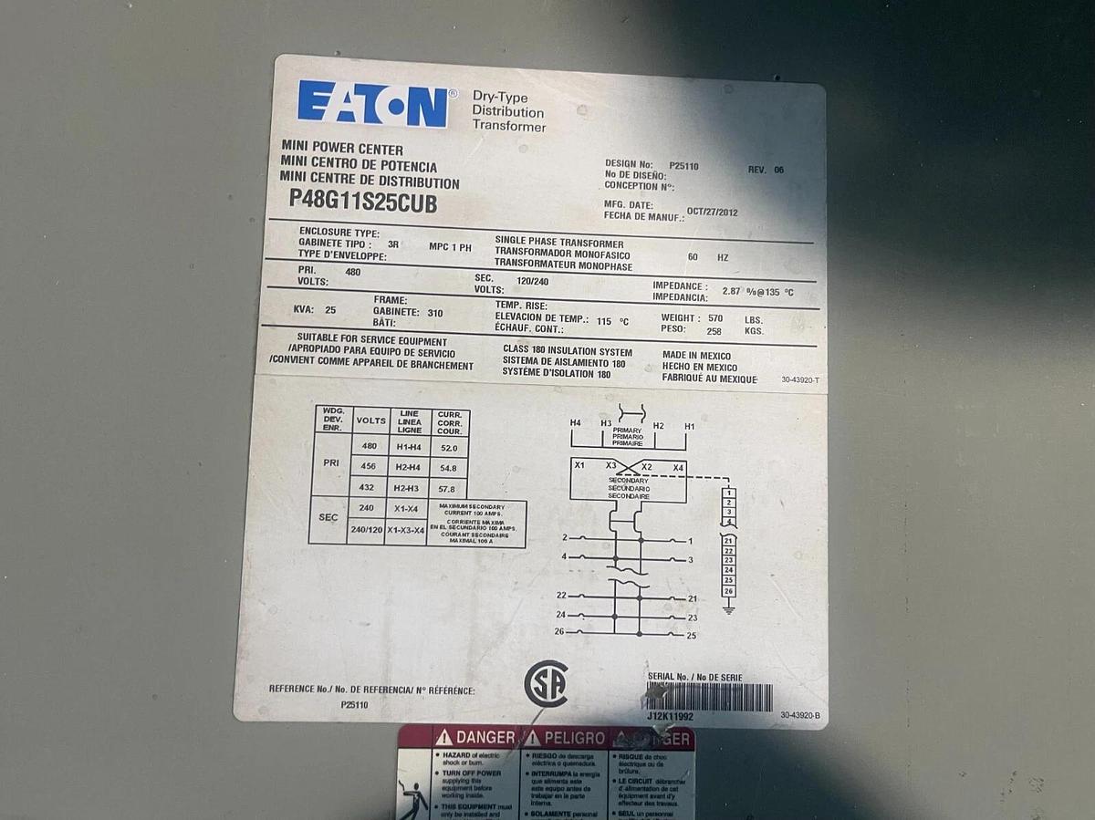 Used Eaton Cutler Hammer p48g11s25cub 25 kVA Single Phase Transformer Stock W-49