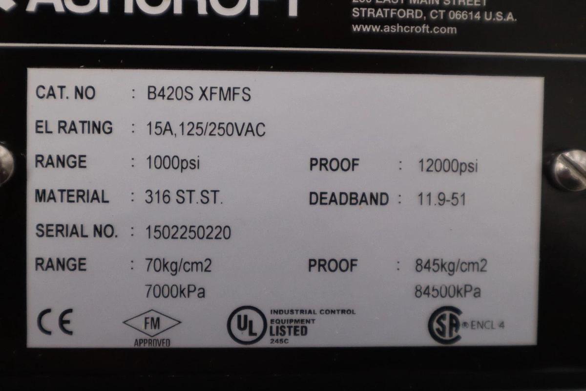 Used ASHCROFT B420S XFMFS PRESSURE SWITCH 1000 PSI 15A 125/250VAC - STOCK GF91A