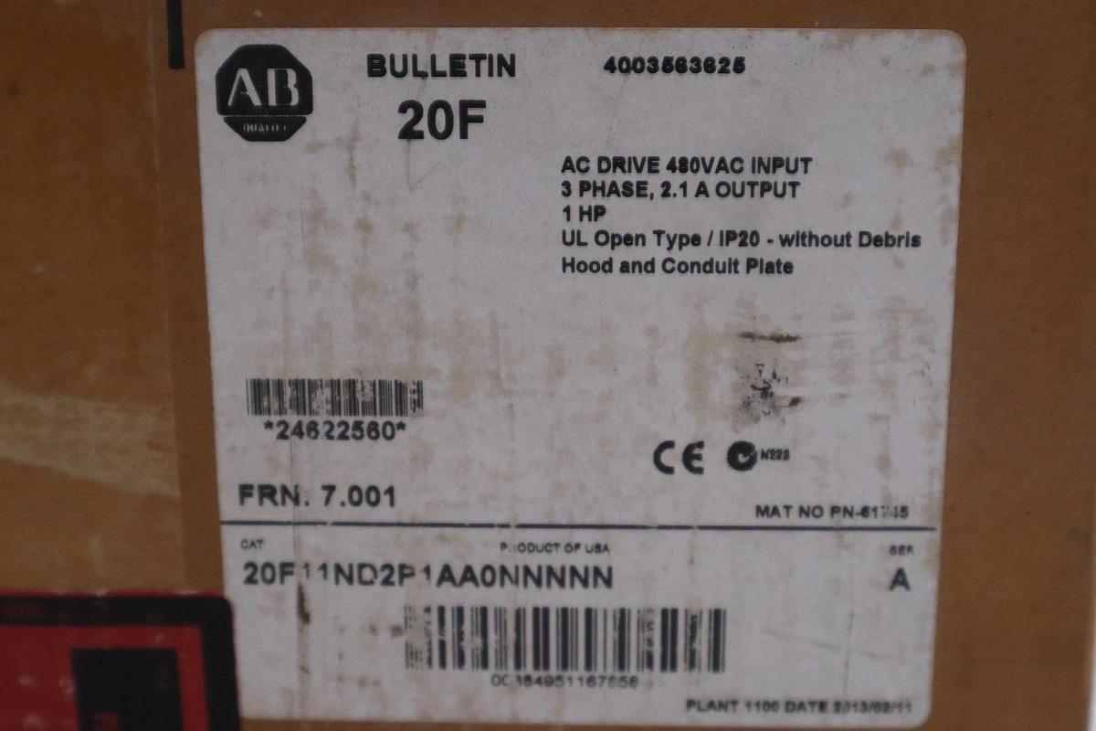 Used Allen Bradley 20F11ND2P1AA0NNNNN /A PowerFlex 753 2.1A Drive - STOCK GF801