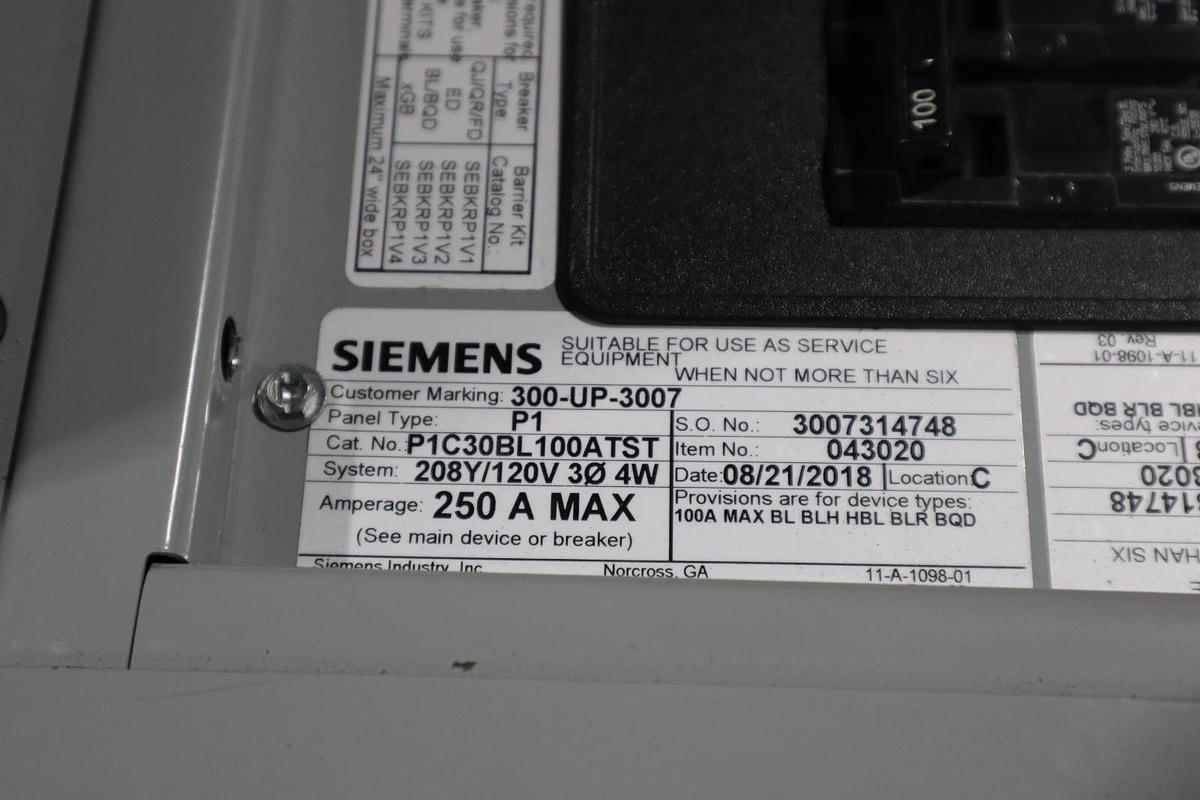 Used SIEMENS P1 250A 208Y/120V P1C30BL100ATST MAIN BEAKER STOCK HS47