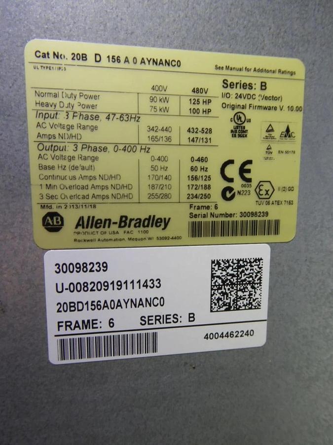Used 20BD156A0AYNANC0 / B Allen Bradley 156 460V 125HP Powerflex 700 W/ CABINET #S610