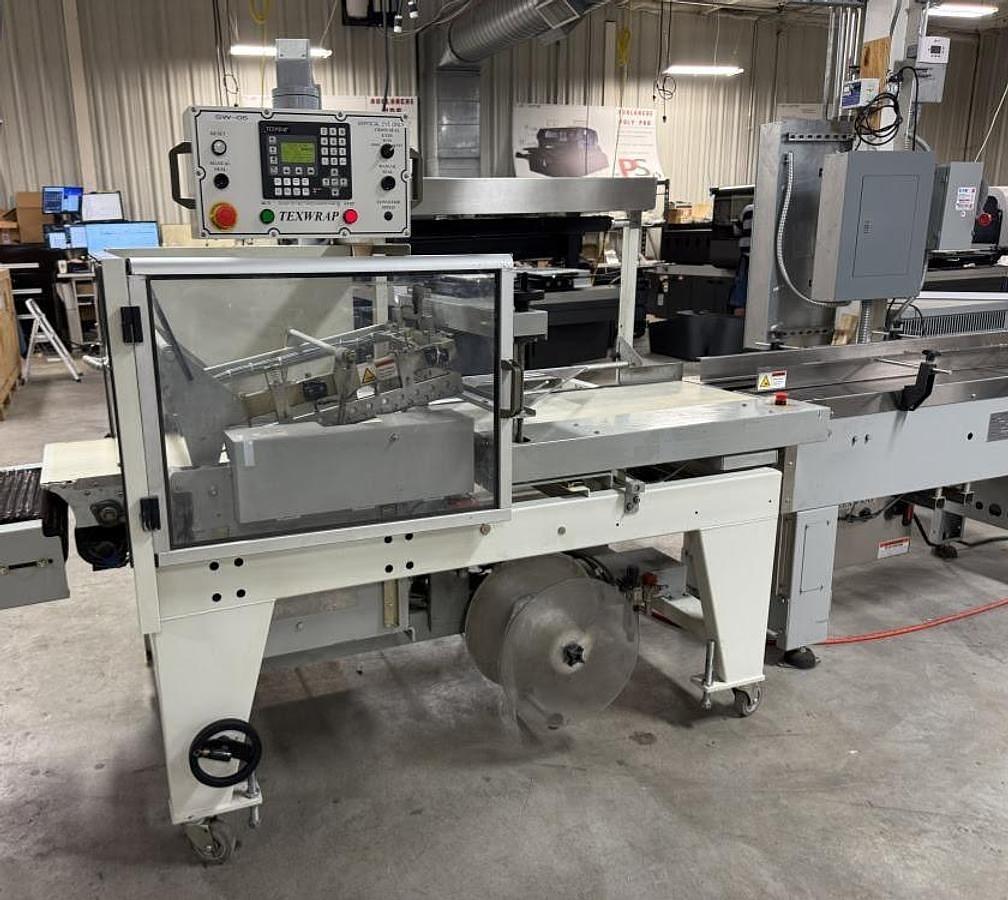 Used TEXWRAP MODEL 2219 SHRINK WRAP SYSTEM W/ TEXWRAP # F05—5’ LUGGED INFEED CONVEYOR