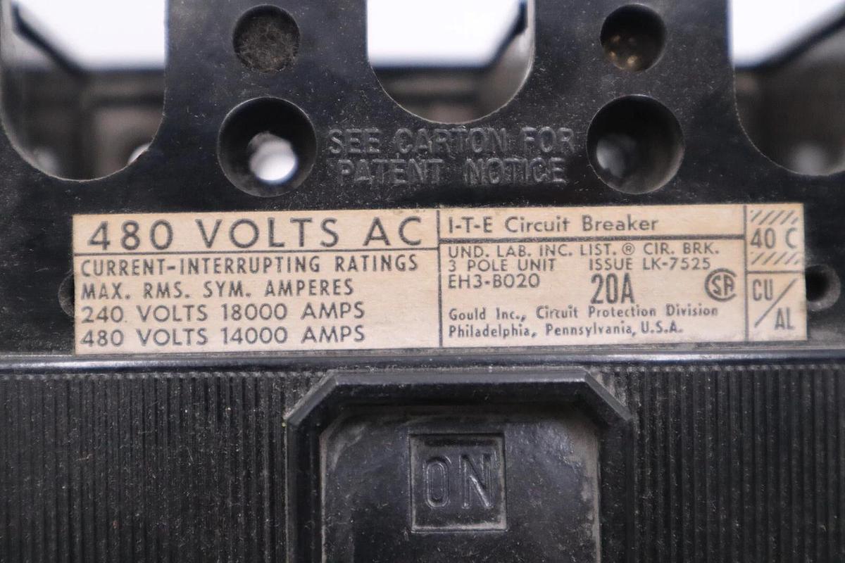 Used ITE EH3B020 20A Circuit Breaker 480 VAC 3 Pole EH3-B020 ITE 20 Amp STOCK B-628