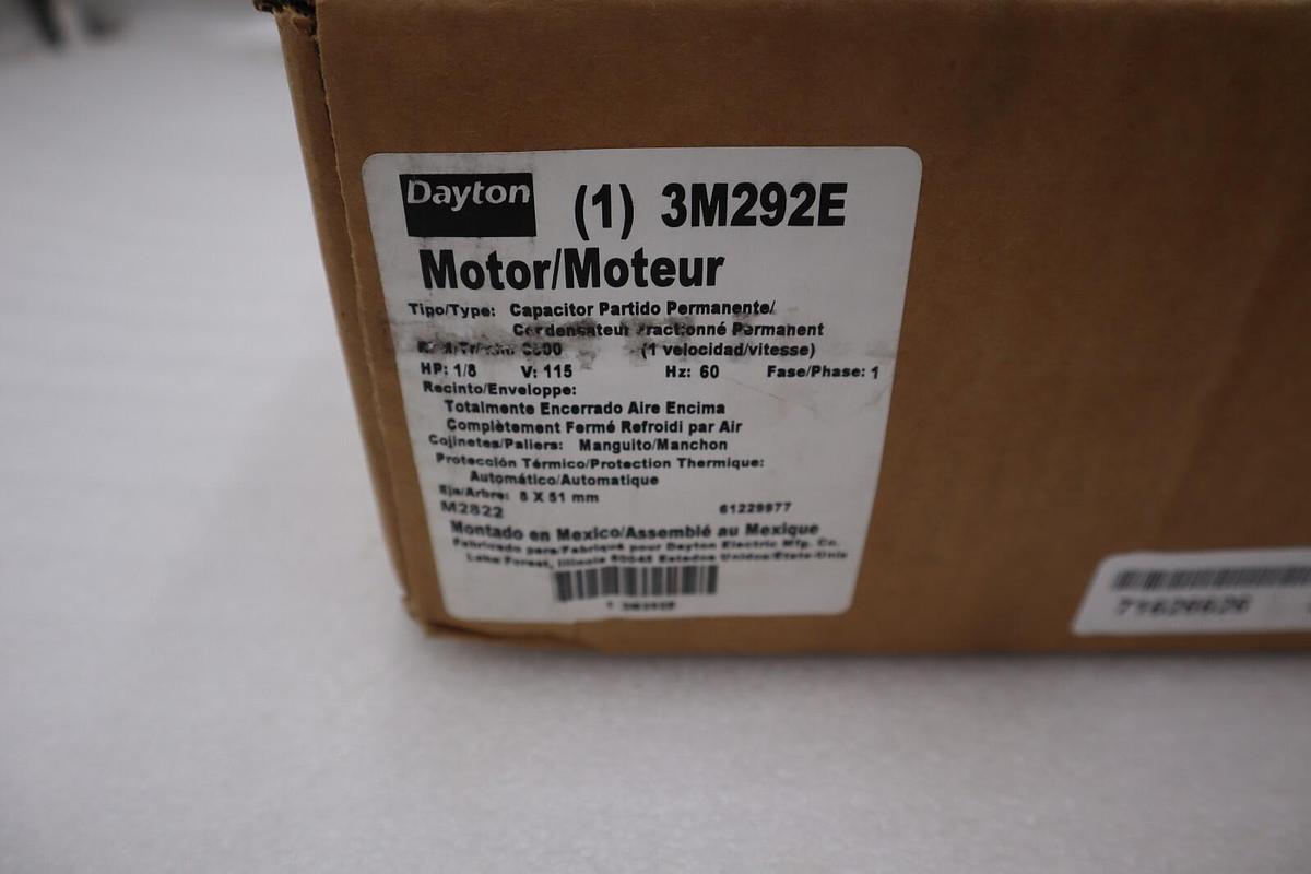 NEW DAYTON 3M292E TYPE PSC RPM 3000 1/8 HP 115V 60 Hz 1 PH STOCK H27
