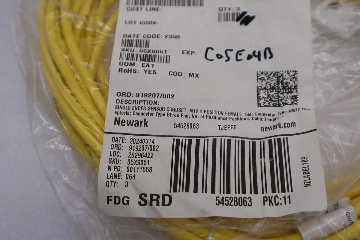 Used LOT OF 2 - LUMBERG AUTOMATION RKT 4-633/5M CORDSET  FEMALE STRAIGHT 4 PIN #H1002