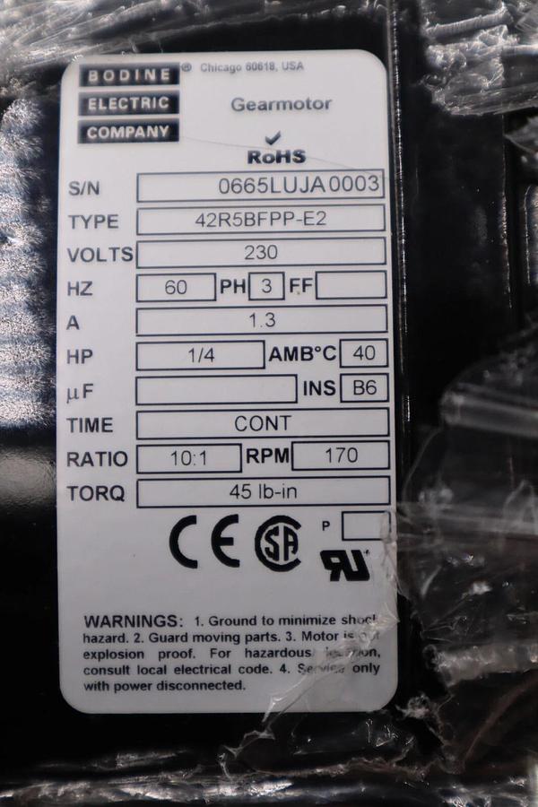 Used Bodine gear motor 45R5BFPP-E2 230V 3PH 1/4HP 10:1 170 RPM NEW UNIT STOCK H867