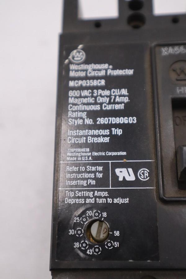 Used Westinghouse MCP0358CR Circuit Breaker 7A 3P 600VAC STOCK 5743CC