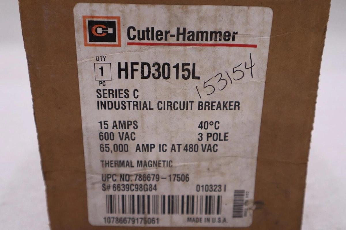 Used CUTLER-HAMMER HFD3015L SER C 15AMP 600VAC 3POLE INDUSTRIAL CIRCUIT BREAKER #H460
