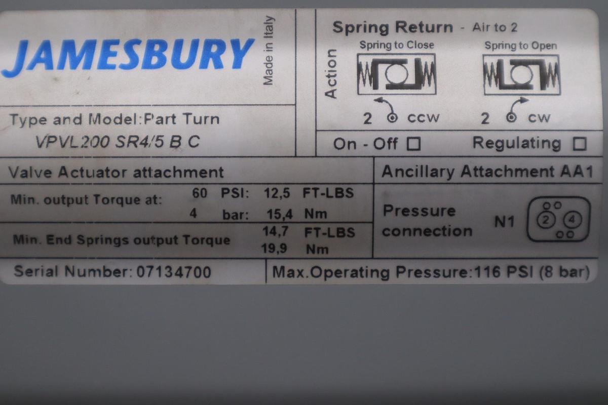 Used New OPEN BOX Jamesburry VPVL200 SR4/5 B C Valve Actuator STOCK SGF149