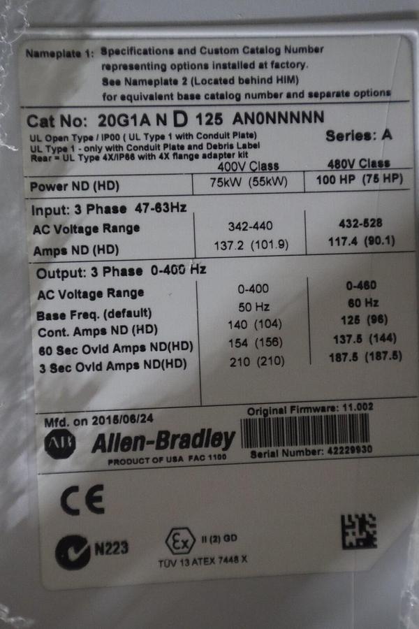Used 100 HP ALLEN BRADLEY 20G1AND125AN0NNNNN PowerFlex 755 AC Drive NEW UNIT #S-563