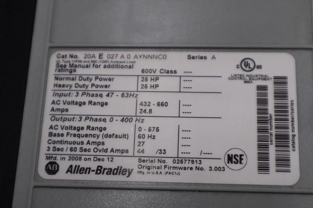 Used 25 HP Allen-Bradley 20AE027A0AYNNNC0 Series A Drive 25HP 3Ph 0-600V STOCK 1803B