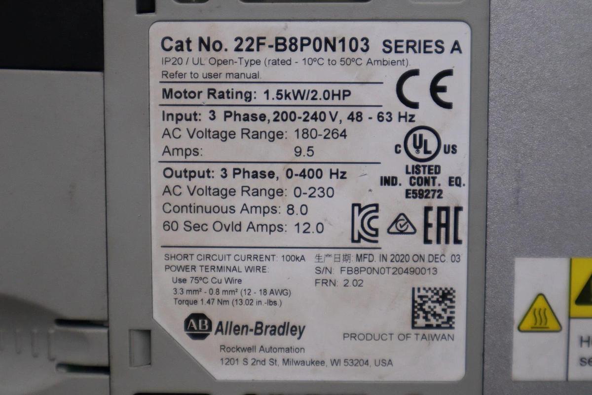 Used NEW OPEN BOX ALLEN BRADLEY 22F-B8P0N103 SER. A AB POWERFLEX DRIVE H1409