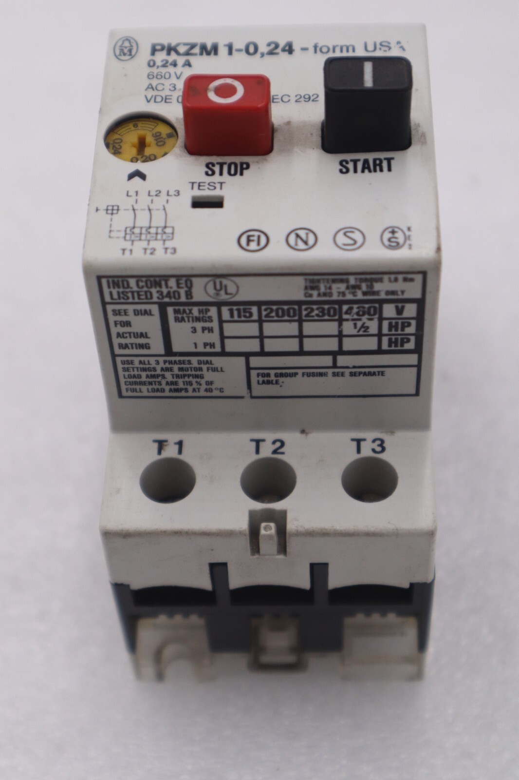 Used EATON MOELLER PKZM-1-0,24 THERMAL MAGNETIC 1.6-2.4AMP CIRCUIT BREAKER STK K-3626
