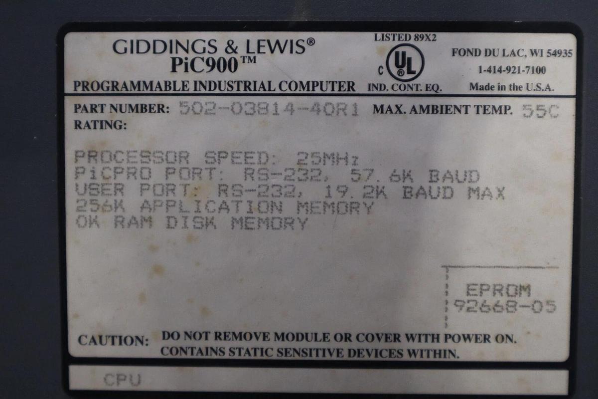 Used Giddings & Lewis PiC900 CPU Module 502-03814-40R1 STOCK 3809