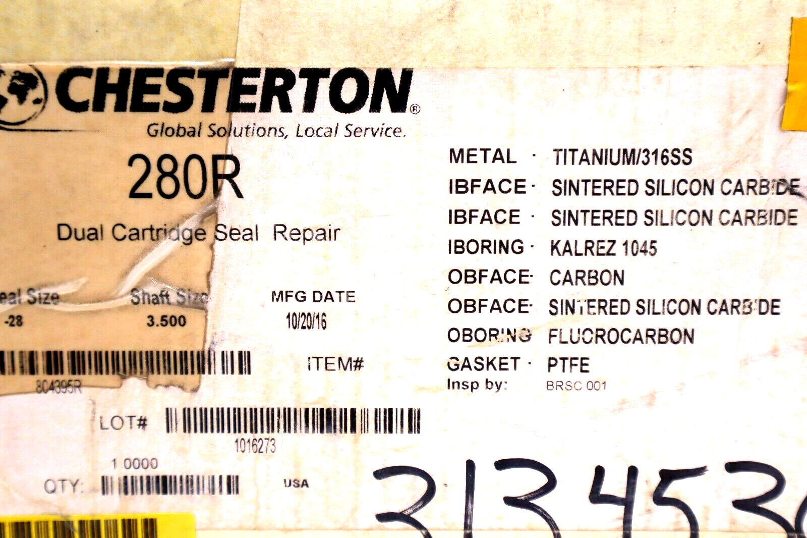 CHESTERTON 280R DUAL CARTRIDGE SEAL REPAIR -28 SHAFT SIZE 3.5000 STOCK #3468