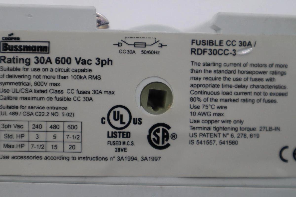 Used BUSSMANN RDF30CC-3 FUSIBLE DISCONNECT SWITCH 30A 600VAC 3PH STK H1729