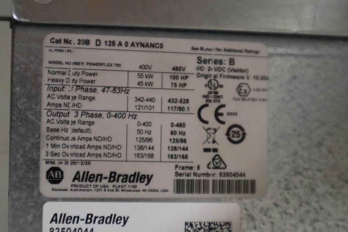 Used Allen-Bradley 20BD125A0AYNANC0 AC DRIVE POWERFLEX 700 480 VAC 60 HZ STOCK HP144