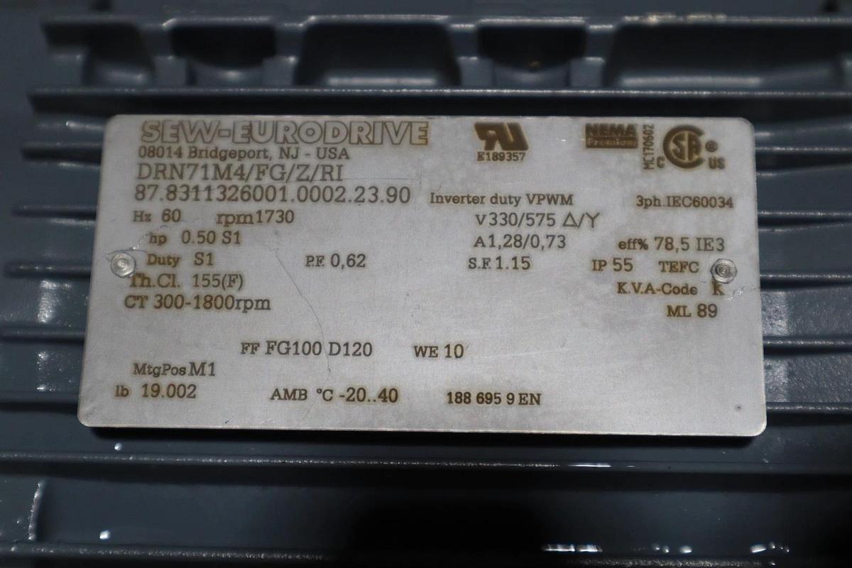 SEW-EuroDrive DRN71M4/FG/Z/RI Motor RPM 1730 0.50 HP - STOCK SGF69