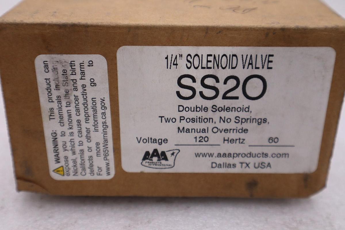 NEW AAA PRODUCTS SS20 SOLENOID VALVE 1/4" NPT 2 WAY NC 120V 50/60Hz #H479