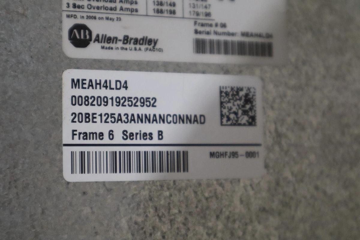 Used 125 HP ALLEN BADLEY 20be125a3annanc0nnad POWERFLEX 700 DRIVE STOCK S-604