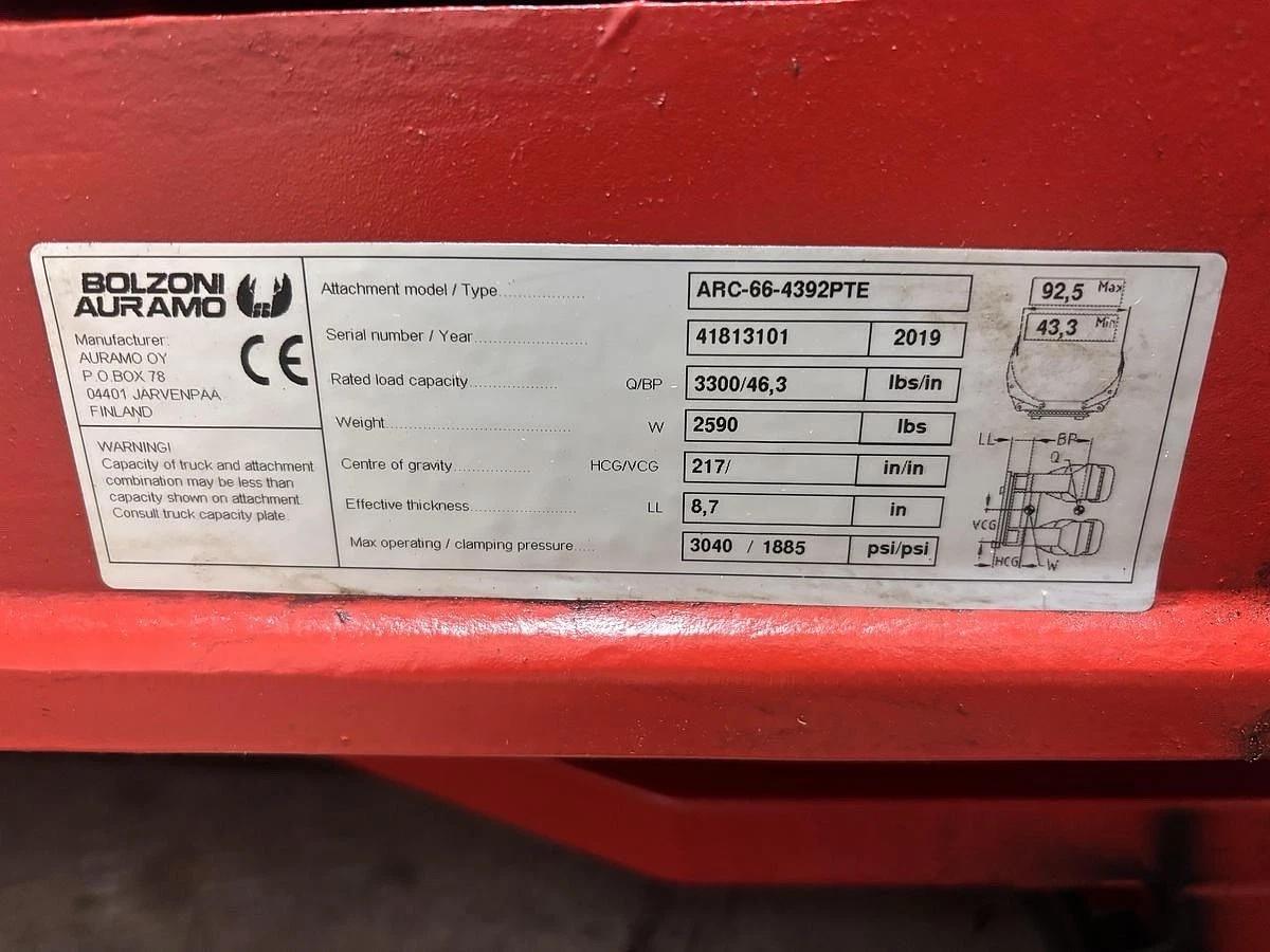 Used 92" BOLZONI AURAMO ARC-66-4392PTE PAPER ROLL CLAMP MANUFACTURED 2019