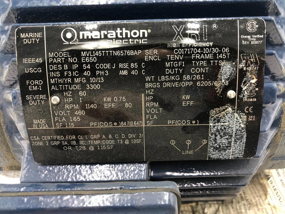 Used MARATHON MOTORS 145TTTN16576 3-PHASE SEVERE DUTY MOTOR 2 HP 145T FRAME S-145