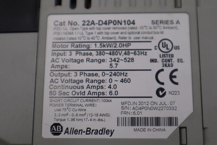 Used ALLEN BRADLEY 22A-D4P0N104 POWERFLEX 4 1.5kW/2.0HP SER A STOCK 5753